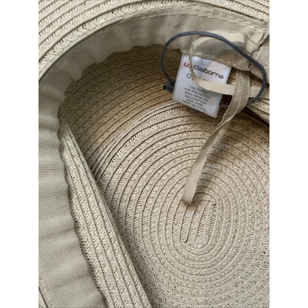 Liz Claiborne Straw Sun Hat Wide Brim Floppy Boho Black Ribbon Tan Beach NWOT